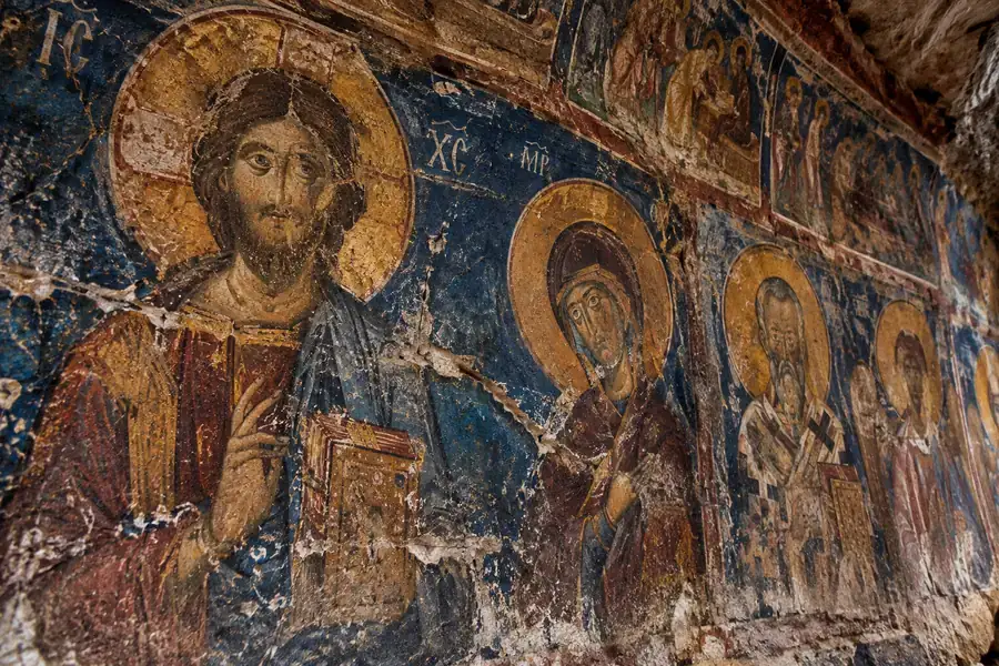 Byzantine frescoes of Christ and the Virgin Mary painted inside Sumela Monastery