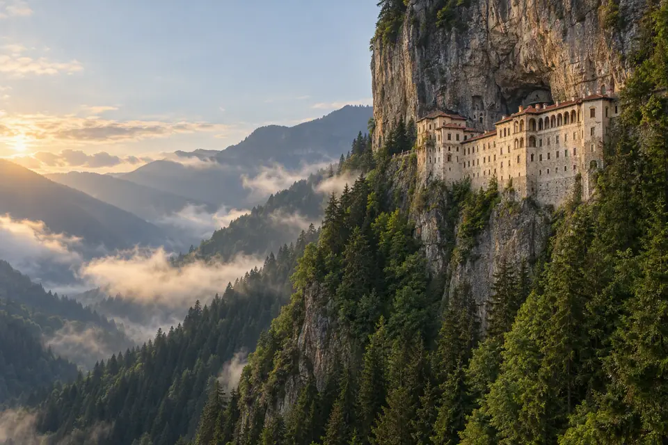 Sumela Monastery built into a cliff above a misty forest valley in Trabzon, Turkey