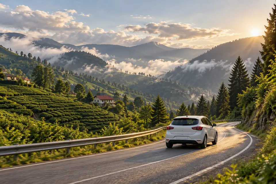 White rental car on a winding mountain road past tea fields near Trabzon