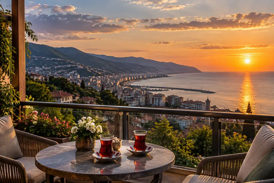 Hotel balcony with Turkish tea overlooking Trabzon and the Black Sea at sunset